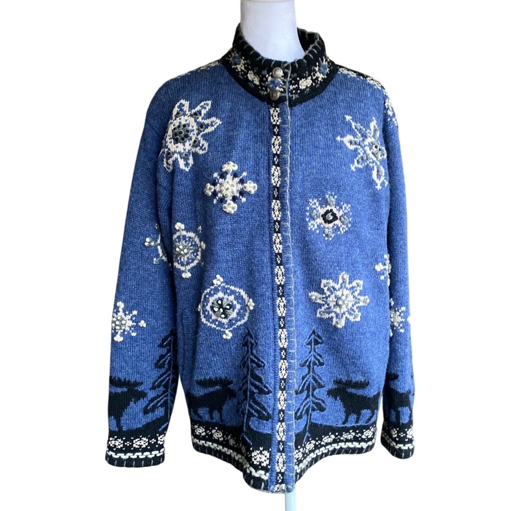 Y2K Coldwater Creek Wool Moose Blue‎ Cardigan Sweater Medium Gorpcore Heritage